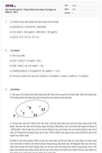 Bộ 5 đề thi cuối kì 1 Toán 6 Kết nối tri thức (Tự luận) có đáp án - Đề 5