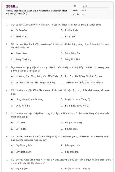 40 câu Trắc nghiệm Atlat Địa lí Việt Nam: Thiên nhiên nhiệt đới ẩm gió mùa (P2)