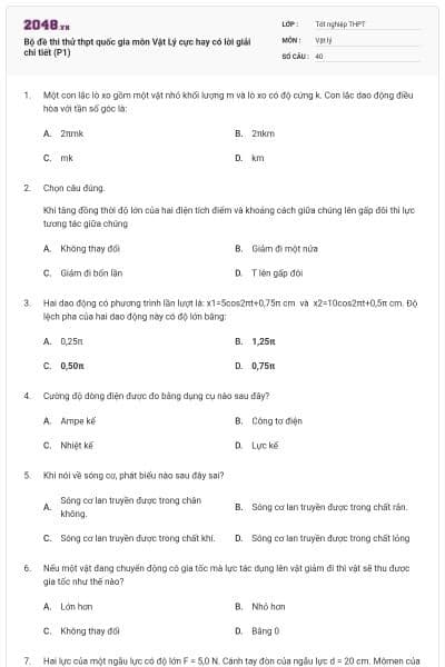 Bộ đề thi thử thpt quốc gia môn Vật Lý cực hay có lời giải chi tiết (P1)