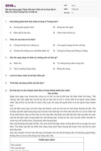 Bài tập hàng ngày Tiếng Việt lớp 3 Kết nối tri thức Bài 8: Bầy voi rừng Trường Sơn có đáp án
