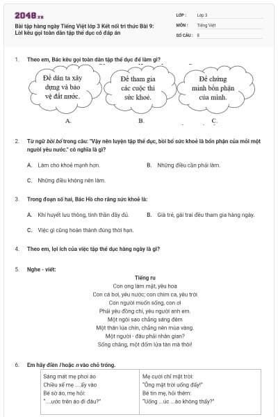Bài tập hàng ngày Tiếng Việt lớp 3 Kết nối tri thức Bài 9: Lời kêu gọi toàn dân tập thể dục có đáp án