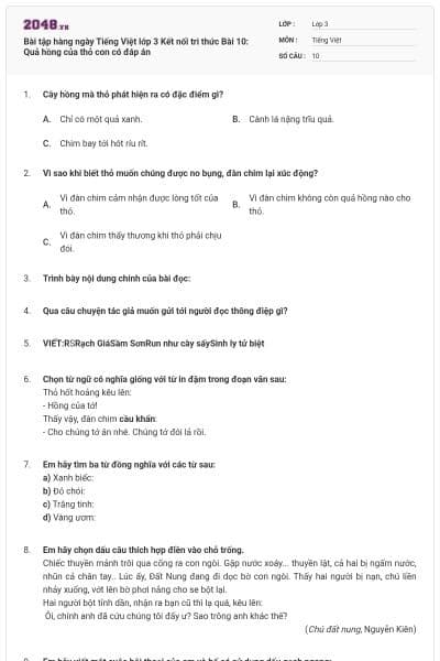 Bài tập hàng ngày Tiếng Việt lớp 3 Kết nối tri thức Bài 10: Quả hồng của thỏ con có đáp án