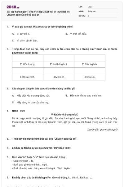 Bài tập hàng ngày Tiếng Việt lớp 3 Kết nối tri thức Bài 11: Chuyện bên cửa sổ có đáp án