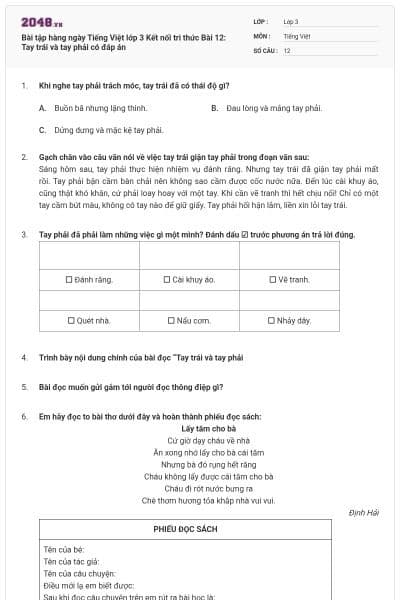 Bài tập hàng ngày Tiếng Việt lớp 3 Kết nối tri thức Bài 12: Tay trái và tay phải có đáp án