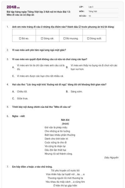 Bài tập hàng ngày Tiếng Việt lớp 3 Kết nối tri thức Bài 13: Mèo đi câu cá có đáp án