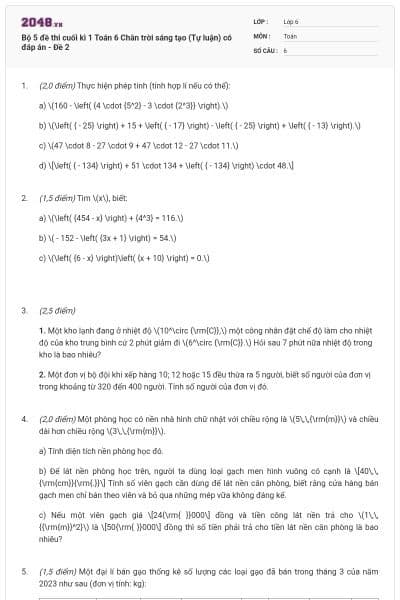 Bộ 5 đề thi cuối kì 1 Toán 6 Chân trời sáng tạo (Tự luận) có đáp án - Đề 2