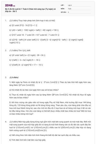 Bộ 5 đề thi cuối kì 1 Toán 6 Chân trời sáng tạo (Tự luận) có đáp án - Đề 5