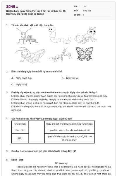Bài tập hàng ngày Tiếng Việt lớp 3 Kết nối tri thức Bài 15: Ngày như thế nào là đẹp? có đáp án