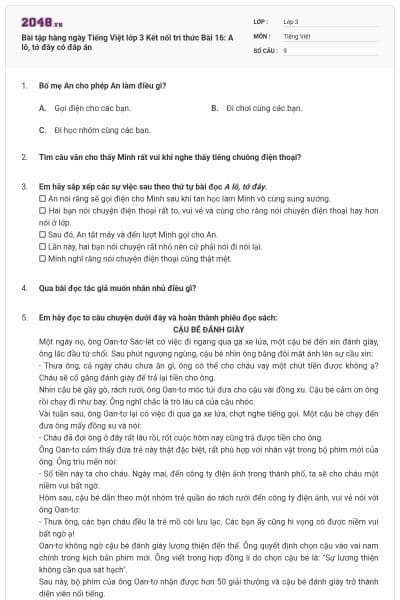 Bài tập hàng ngày Tiếng Việt lớp 3 Kết nối tri thức Bài 16: A lô, tớ đây có đáp án