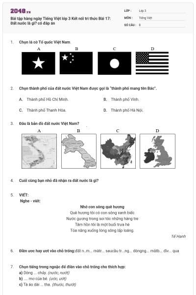 Bài tập hàng ngày Tiếng Việt lớp 3 Kết nối tri thức Bài 17: Đất nước là gì? có đáp án