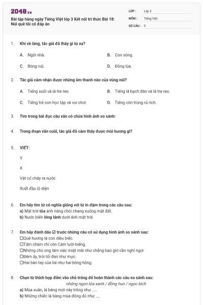 Bài tập hàng ngày Tiếng Việt lớp 3 Kết nối tri thức Bài 18: Núi quê tôi có đáp án