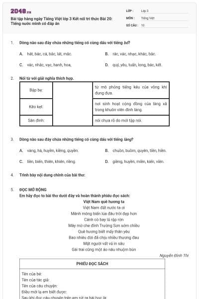 Bài tập hàng ngày Tiếng Việt lớp 3 Kết nối tri thức Bài 20: Tiếng nước mình có đáp án