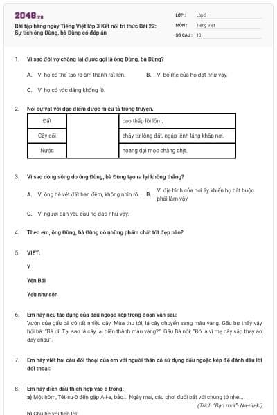 Bài tập hàng ngày Tiếng Việt lớp 3 Kết nối tri thức Bài 22: Sự tích ông Đùng, bà Đùng có đáp án