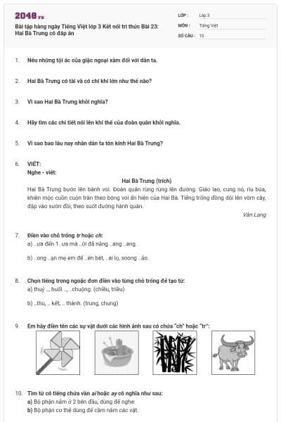Bài tập hàng ngày Tiếng Việt lớp 3 Kết nối tri thức Bài 23: Hai Bà Trưng có đáp án