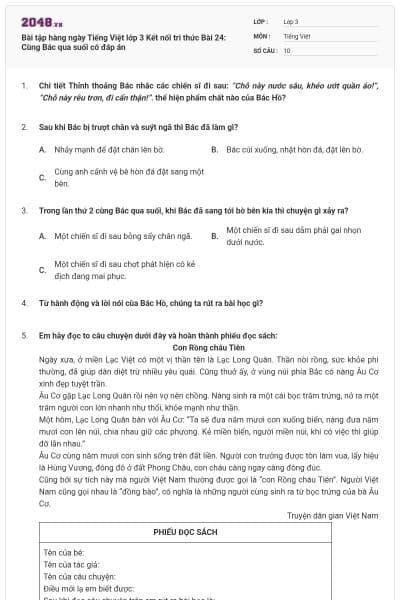 Bài tập hàng ngày Tiếng Việt lớp 3 Kết nối tri thức Bài 24: Cùng Bác qua suối có đáp án