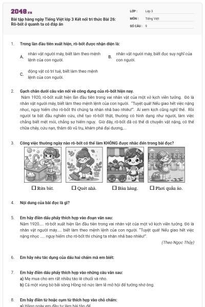 Bài tập hàng ngày Tiếng Việt lớp 3 Kết nối tri thức Bài 26: Rô-bốt ở quanh ta có đáp án