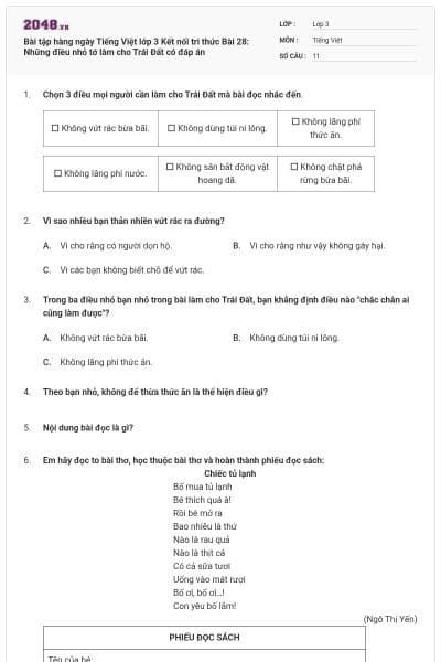 Bài tập hàng ngày Tiếng Việt lớp 3 Kết nối tri thức Bài 28: Những điều nhỏ tớ làm cho Trái Đất có đáp án