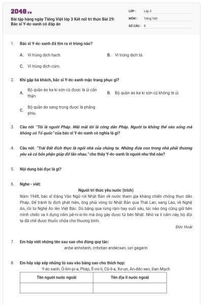 Bài tập hàng ngày Tiếng Việt lớp 3 Kết nối tri thức Bài 29: Bác sĩ Y-éc-xanh có đáp án