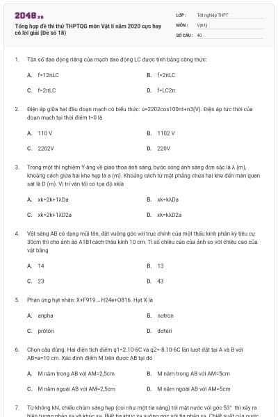 Tổng hợp đề thi thử THPTQG môn Vật lí năm 2020 cực hay có lời giải (Đề số 18)
