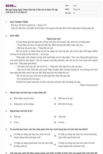 Bài tập hàng ngày Tiếng Việt lớp 3 Kết nối tri thức Ôn tập cuối học kì 2 có đáp án