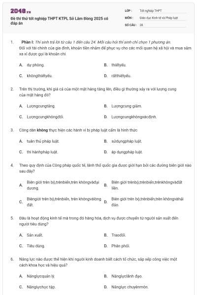 Đề thi thử tốt nghiệp THPT KTPL Sở Lâm Đồng 2025 có đáp án