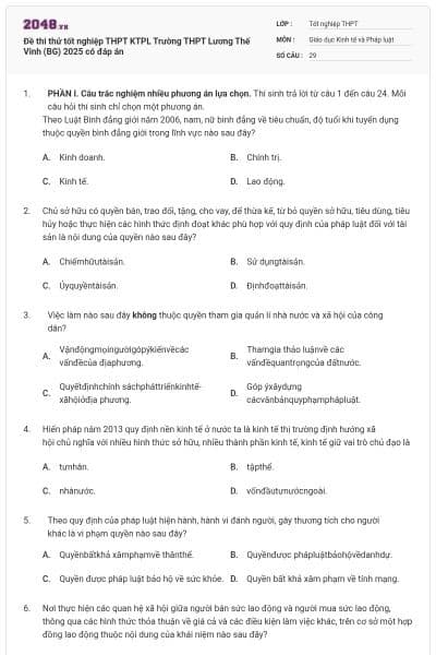Đề thi thử tốt nghiệp THPT KTPL Trường THPT Lương Thế Vinh (BG) 2025 có đáp án