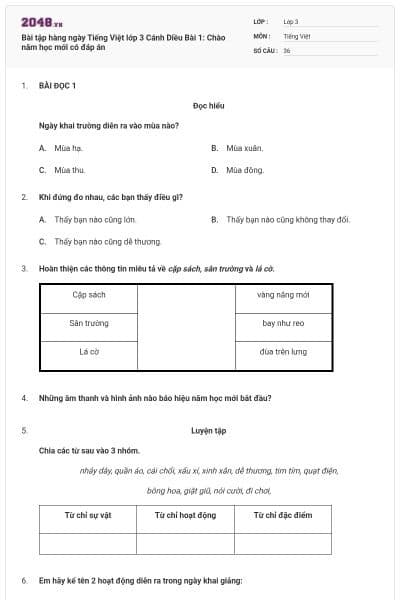 Bài tập hàng ngày Tiếng Việt lớp 3 Cánh Diều Bài 1: Chào năm học mới có đáp án