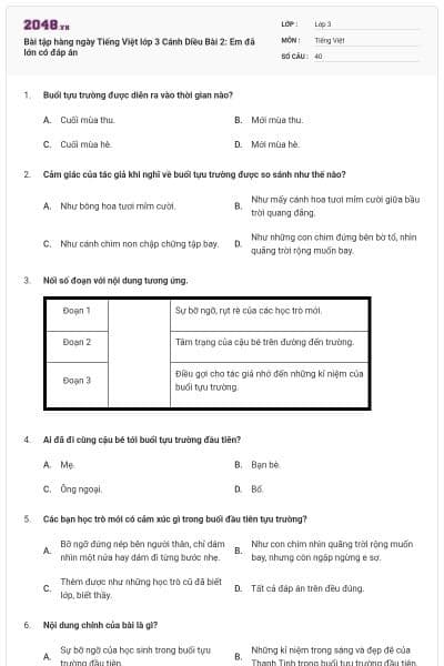 Bài tập hàng ngày Tiếng Việt lớp 3 Cánh Diều Bài 2: Em đã lớn có đáp án