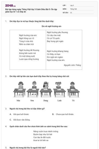 Bài tập hàng ngày Tiếng Việt lớp 3 Cánh Diều Bài 5: Ôn tập giữa học kì 1 có đáp án