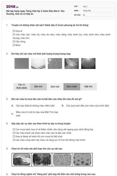 Bài tập hàng ngày Tiếng Việt lớp 3 Cánh Diều Bài 6: Yêu thương, chia sẻ có đáp án