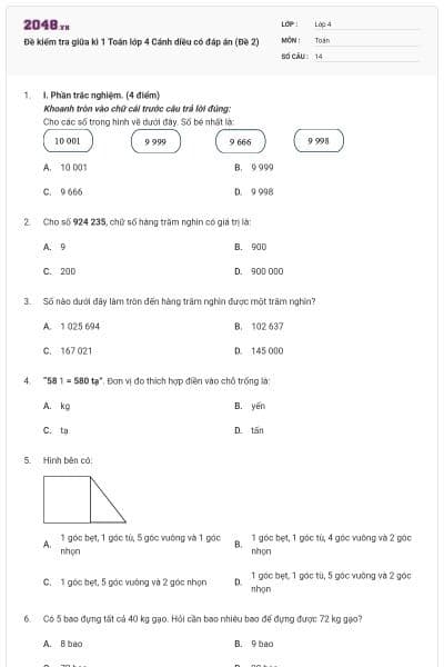 Đề kiểm tra giữa kì 1 Toán lớp 4 Cánh diều có đáp án (Đề 2)