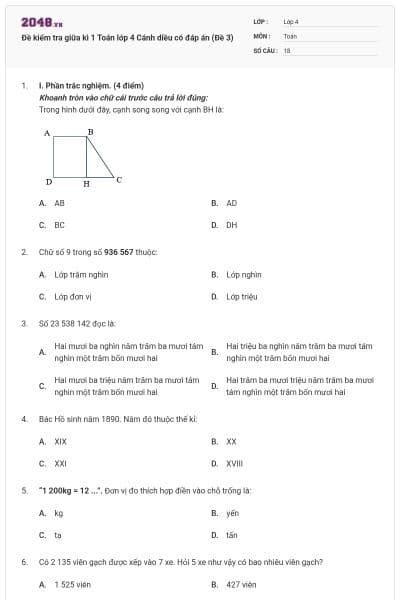 Đề kiểm tra giữa kì 1 Toán lớp 4 Cánh diều có đáp án (Đề 3)