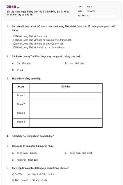 Bài tập hàng ngày Tiếng Việt lớp 3 Cánh Diều Bài 7: Khối óc và bàn tay có đáp án