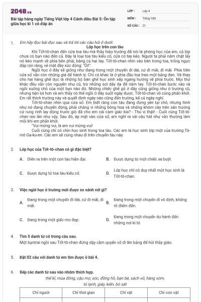 Bài tập hàng ngày Tiếng Việt lớp 4 Cánh diều Bài 5: Ôn tập giữa học kì 1 có đáp án