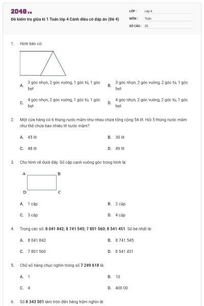 Đề kiểm tra giữa kì 1 Toán lớp 4 Cánh diều có đáp án (Đề 4)