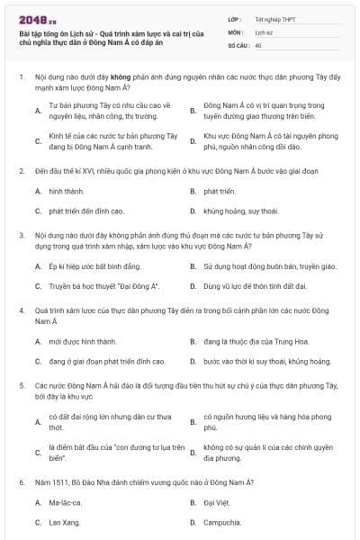 Bài tập tổng ôn Lịch sử - Quá trình xâm lược và cai trị của chủ nghĩa thực dân ở Đông Nam Á có đáp án