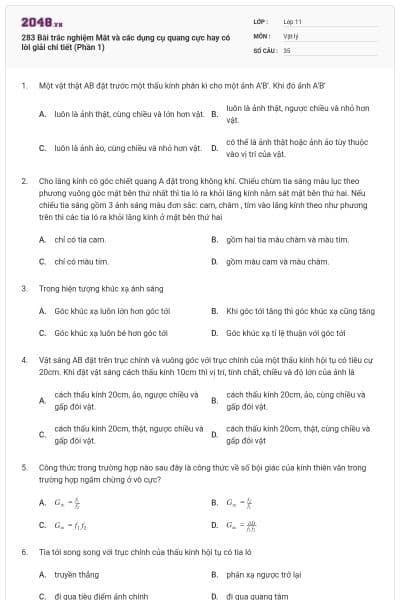 283 Bài trắc nghiệm Mắt và các dụng cụ quang cực hay có lời giải chi tiết (Phần 1)