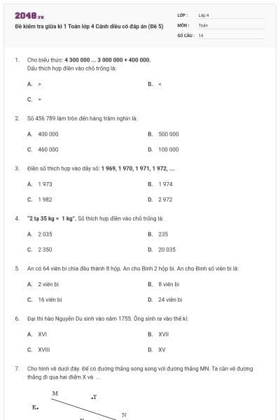 Đề kiểm tra giữa kì 1 Toán lớp 4 Cánh diều có đáp án (Đề 5)