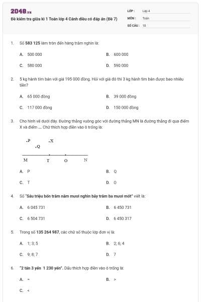 Đề kiểm tra giữa kì 1 Toán lớp 4 Cánh diều có đáp án (Đề 7)