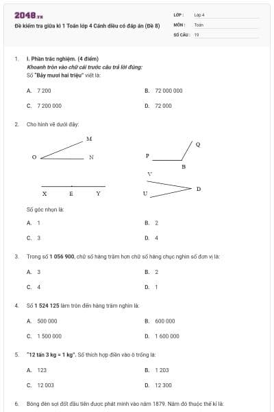 Đề kiểm tra giữa kì 1 Toán lớp 4 Cánh diều có đáp án (Đề 8)