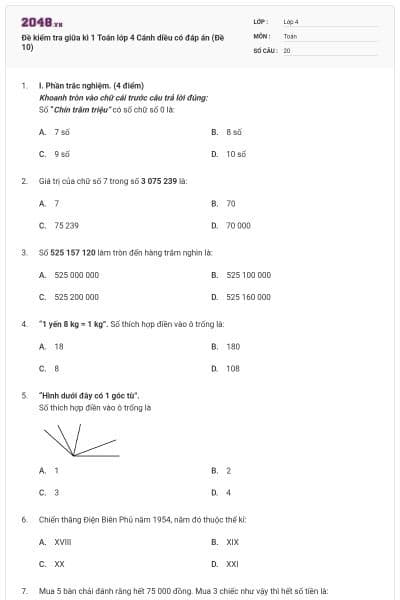 Đề kiểm tra giữa kì 1 Toán lớp 4 Cánh diều có đáp án (Đề 10)