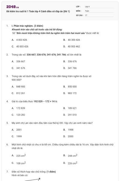 Đề kiểm tra cuối kì 1 Toán lớp 4 Cánh diều có đáp án (Đề 1)