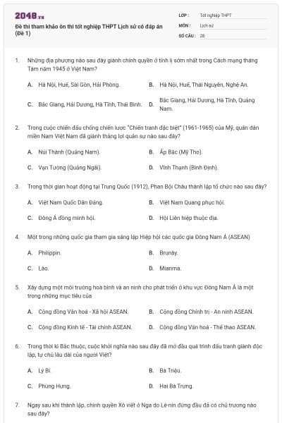 Đề thi tham khảo ôn thi tốt nghiệp THPT Lịch sử có đáp án (Đề 1)