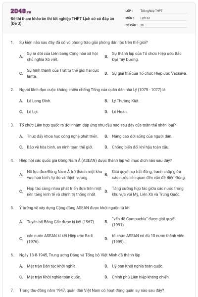 Đề thi tham khảo ôn thi tốt nghiệp THPT Lịch sử có đáp án (Đề 3)
