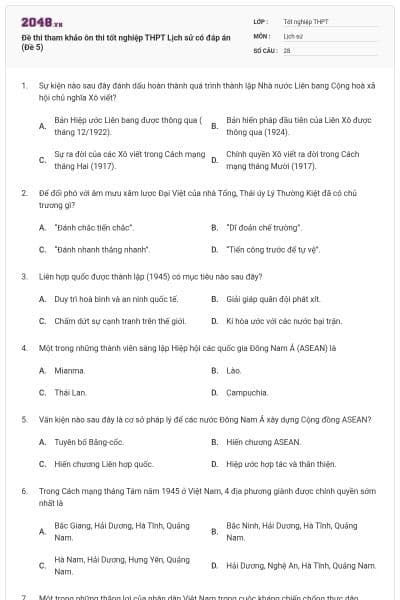 Đề thi tham khảo ôn thi tốt nghiệp THPT Lịch sử có đáp án (Đề 5)