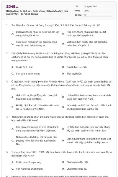 Bài tập tổng ôn Lịch sử - Cuộc kháng chiến chống Mỹ, cứu nước (1954 - 1975) có đáp án