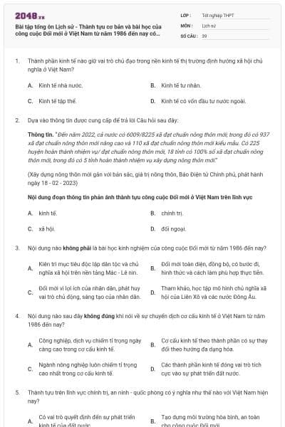 Bài tập tổng ôn Lịch sử - Thành tựu cơ bản và bài học của công cuộc Đổi mới ở Việt Nam từ năm 1986 đến nay có đáp án