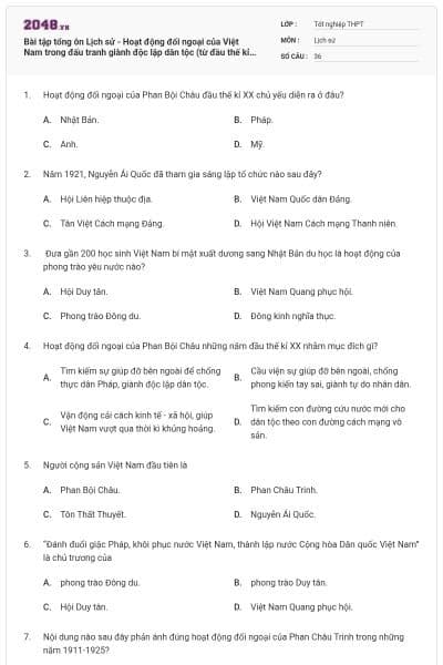 Bài tập tổng ôn Lịch sử - Hoạt động đối ngoại của Việt Nam trong đấu tranh giành độc lập dân tộc (từ đầu thế kỉ XX đến Cách mạng tháng Tám năm 1945) có đáp án
