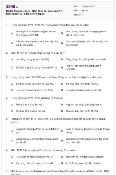 Bài tập tổng ôn Lịch sử - Hoạt động đối ngoại của Việt Nam từ năm 1975 đến nay có đáp án