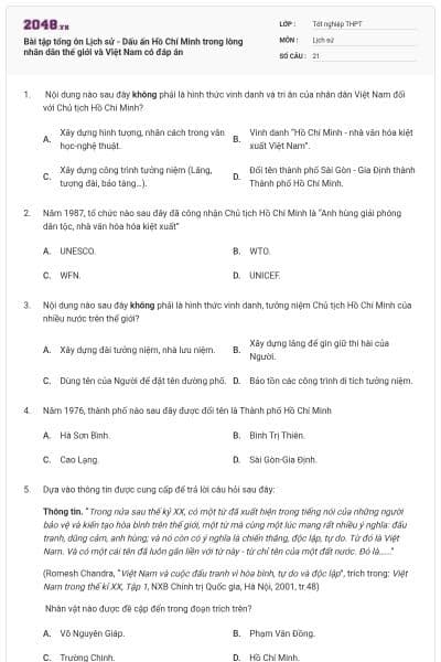 Bài tập tổng ôn Lịch sử - Dấu ấn Hồ Chí Minh trong lòng nhân dân thế giới và Việt Nam có đáp án